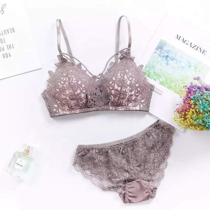 Bra & Panty Set Self Design Grey Lingerie Set