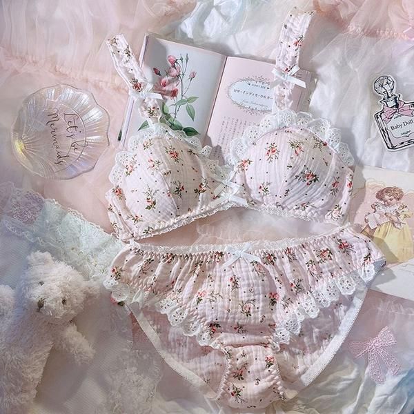Set: Lace Trim Floral Print Bra + Panties