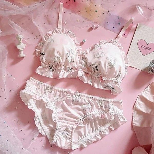 Super Cute Pink Anime Lolita Bra Sweet Lace Comics Bow Flouncing Underwear Set