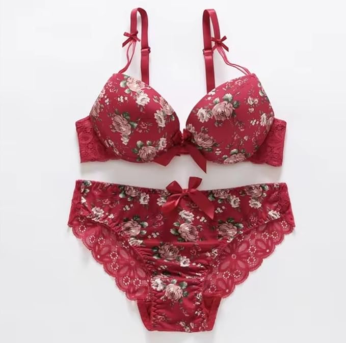 Women's Under-Wired Pushup Bra and Panty Lingerie Set with Lace Design and with Adjustable Strap
