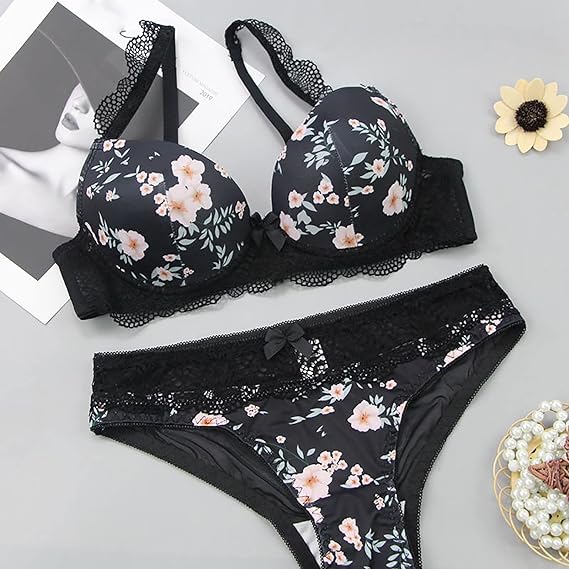 Women's Lace Bra and Panty Set Push Up Floral Print Lingerie Sets Underwire Bras