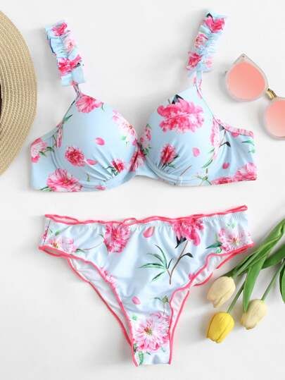 Print Underwire Bra and Panty Set, Nylon Blend