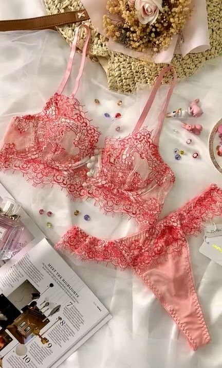 Pink Mesh 3pc Lingerie Set With Garter Belt