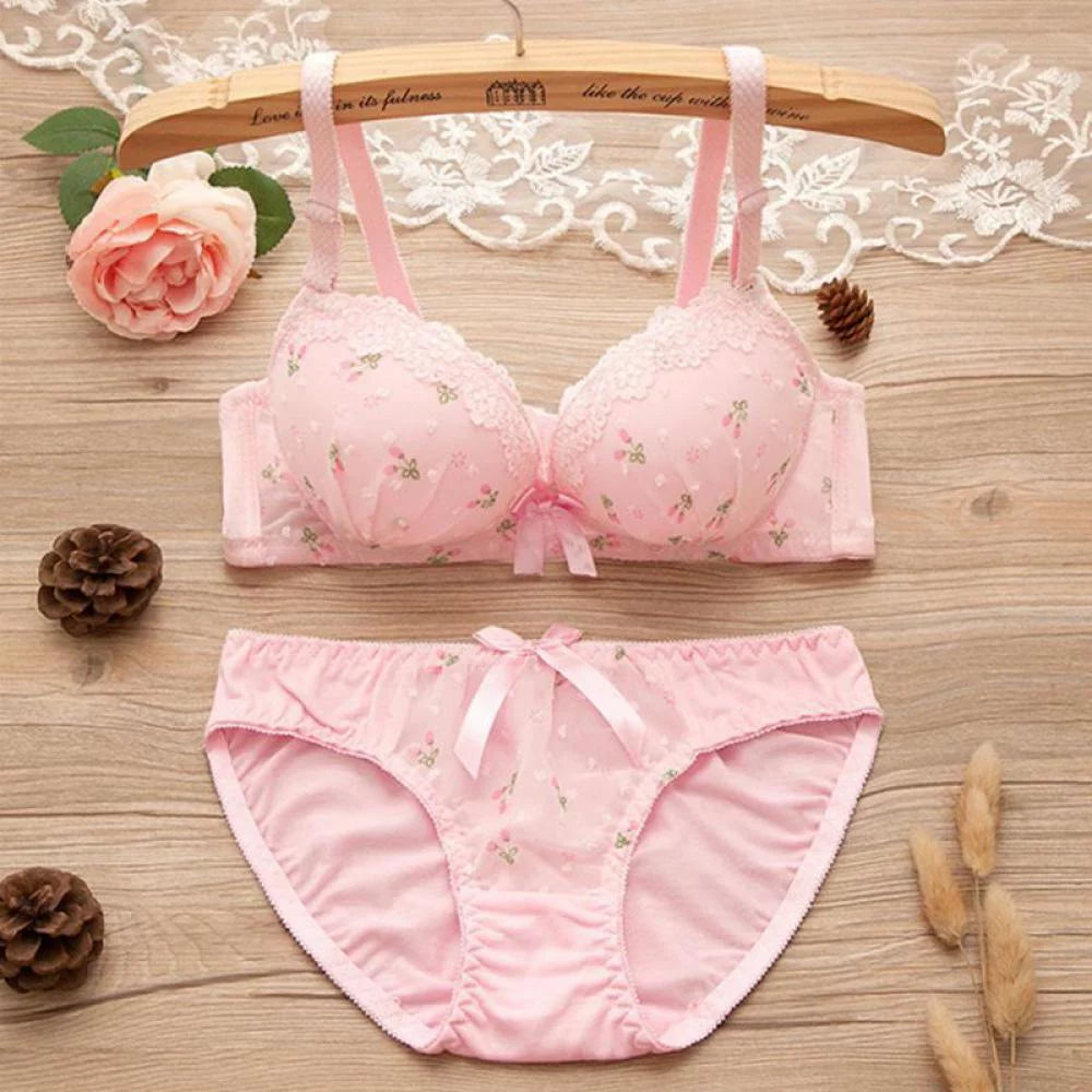 Print-Bow-Lace-Cotton-Women-Push-Up-Lingerie-Bra-Panties-Sets-Underwire
